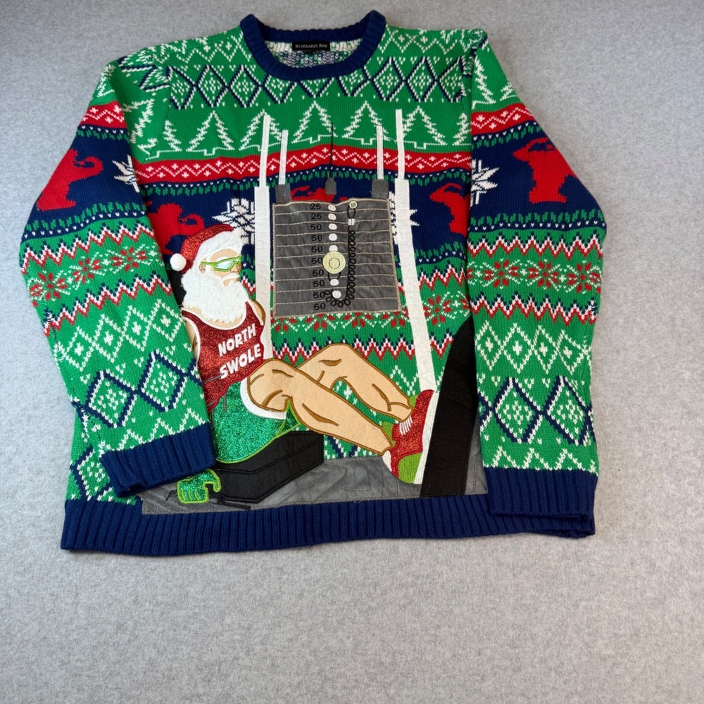 Blizzard Bay Mens North Swole Santa Ugly Christmas Sweater Green Blue Large